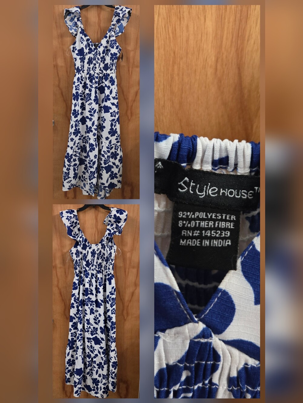 STYLE HOUSE BLUE WHITE FLORAL MAXI DRESS RUFFLE SMOCKED SIZE S SUMMER